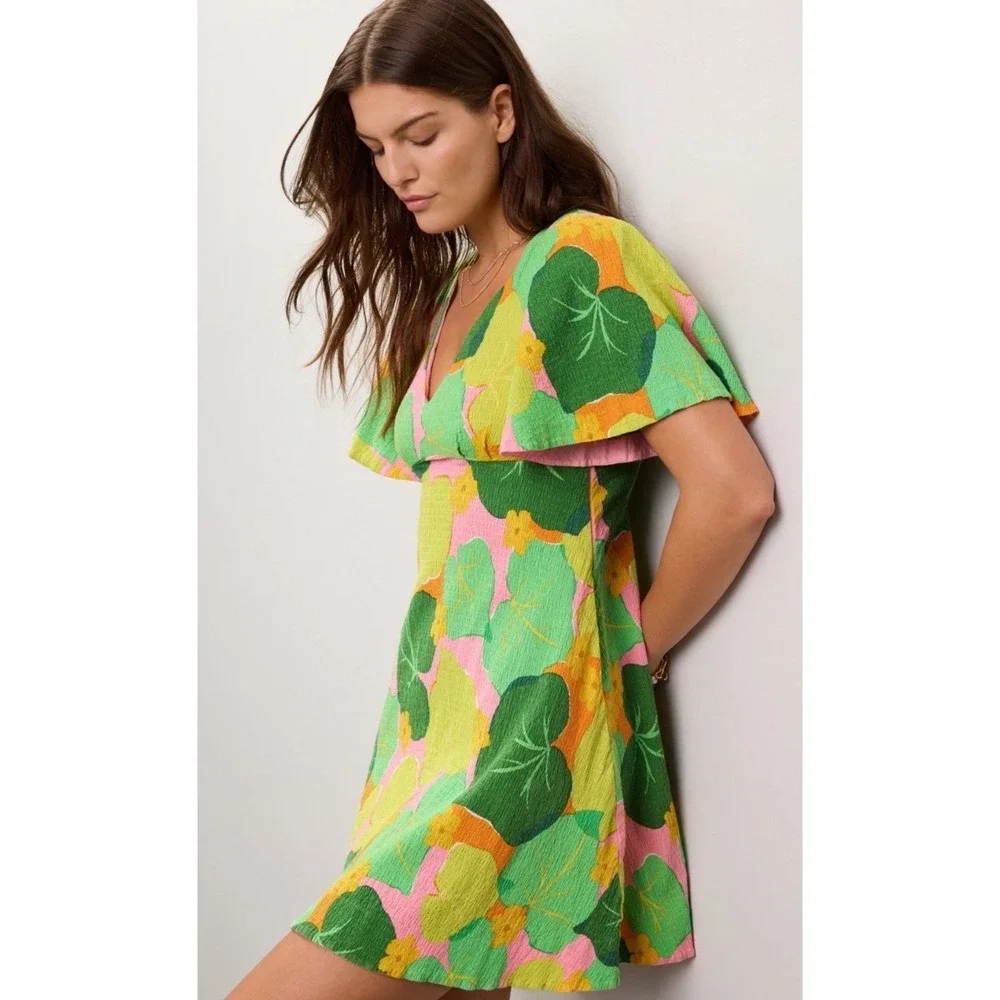 Kate Spade New York Cucumber Floral Swing‎ Dress Green Orange Pink V-Neck Mini 0